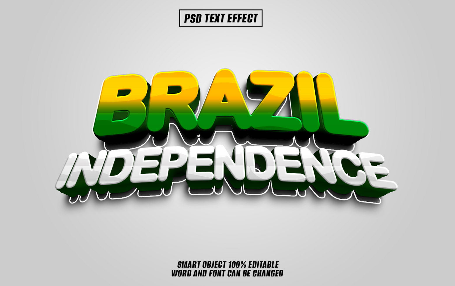 3D text effect with the words Brazil Independence in green, yellow, and white colors. psd