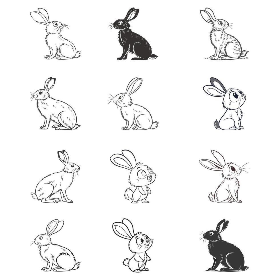 A set of black and white drawings of rabbits vector