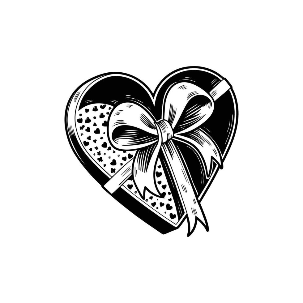 A black and white drawing of a heart with a bow vector