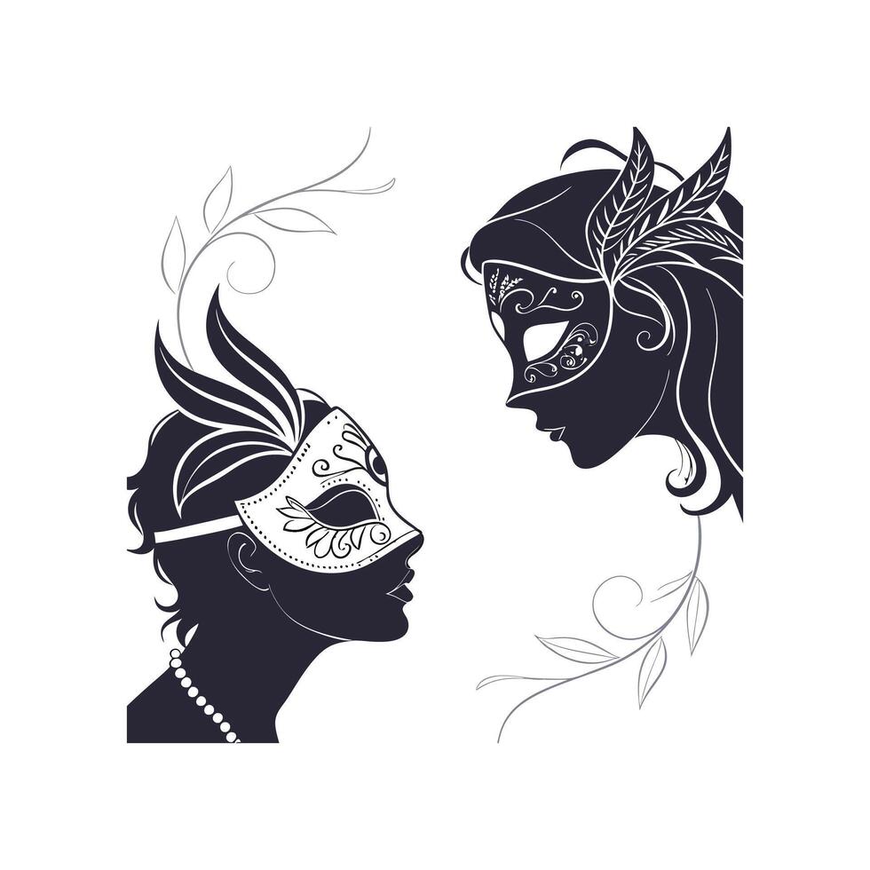 Two people in masks, one with feathers and the other with feathers vector