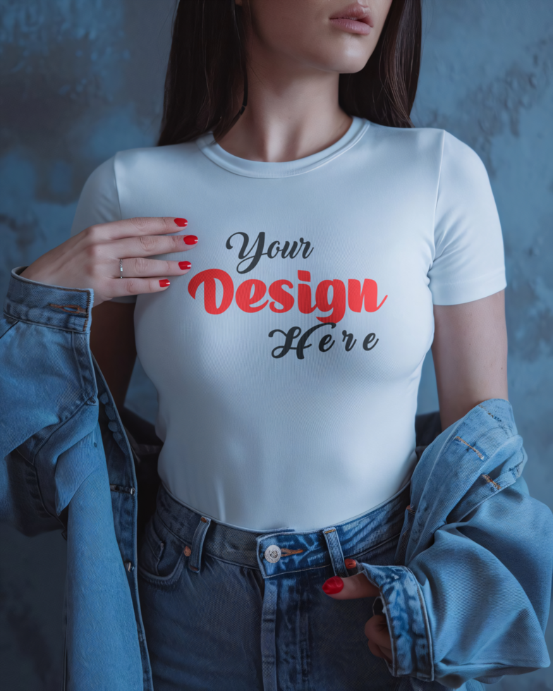 Young pretty woman standing with hands in pockets, wearing blank white t-shirt with copy space for your logo or text, isolated on mockup psd