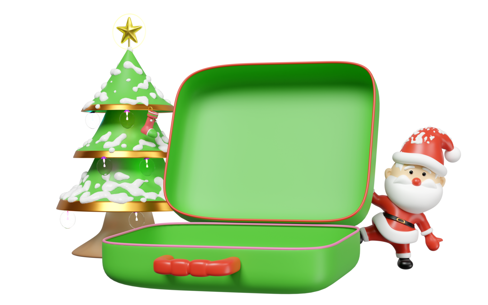 3d open suitcase empty with santa claus, christmas tree, lamp, ornaments isolated. merry christmas and festive new year holiday travel concept, 3d illustration render png