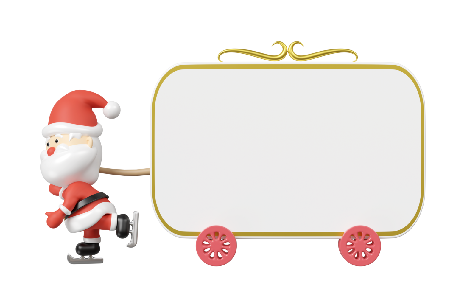 3d Santa Claus playing ice skating dragging billboard isolated. merry christmas, festive new year concept, 3d render illustration png