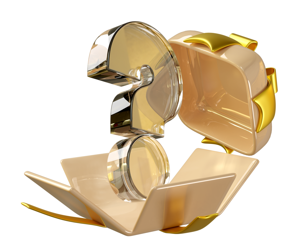 3d transparent question mark symbol icon with open gift box isolated. FAQ or frequently asked questions, merry christmas and festive new year concept, 3d illustration render png