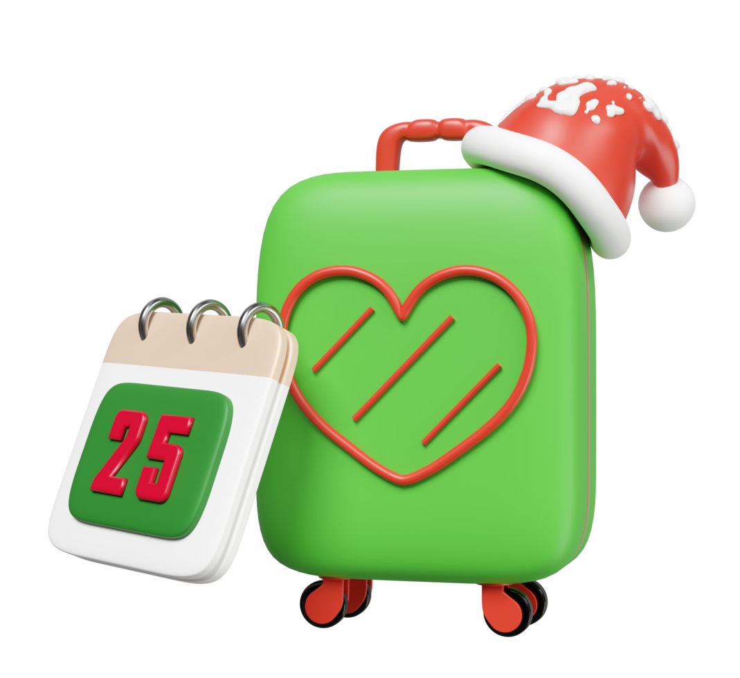 3d suitcase with calendar on December 25th, santa hat isolated. merry christmas and festive new year holiday travel concept, 3d illustration render png