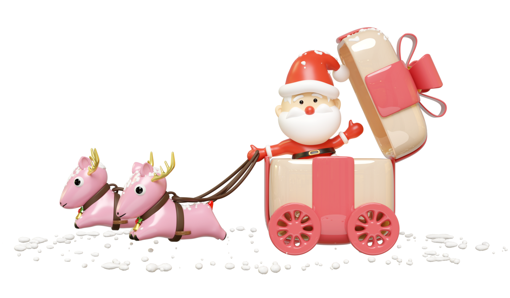 3d santa claus riding a carriage with reindeer, gift box isolated. merry christmas and happy new year, 3d render illustration png