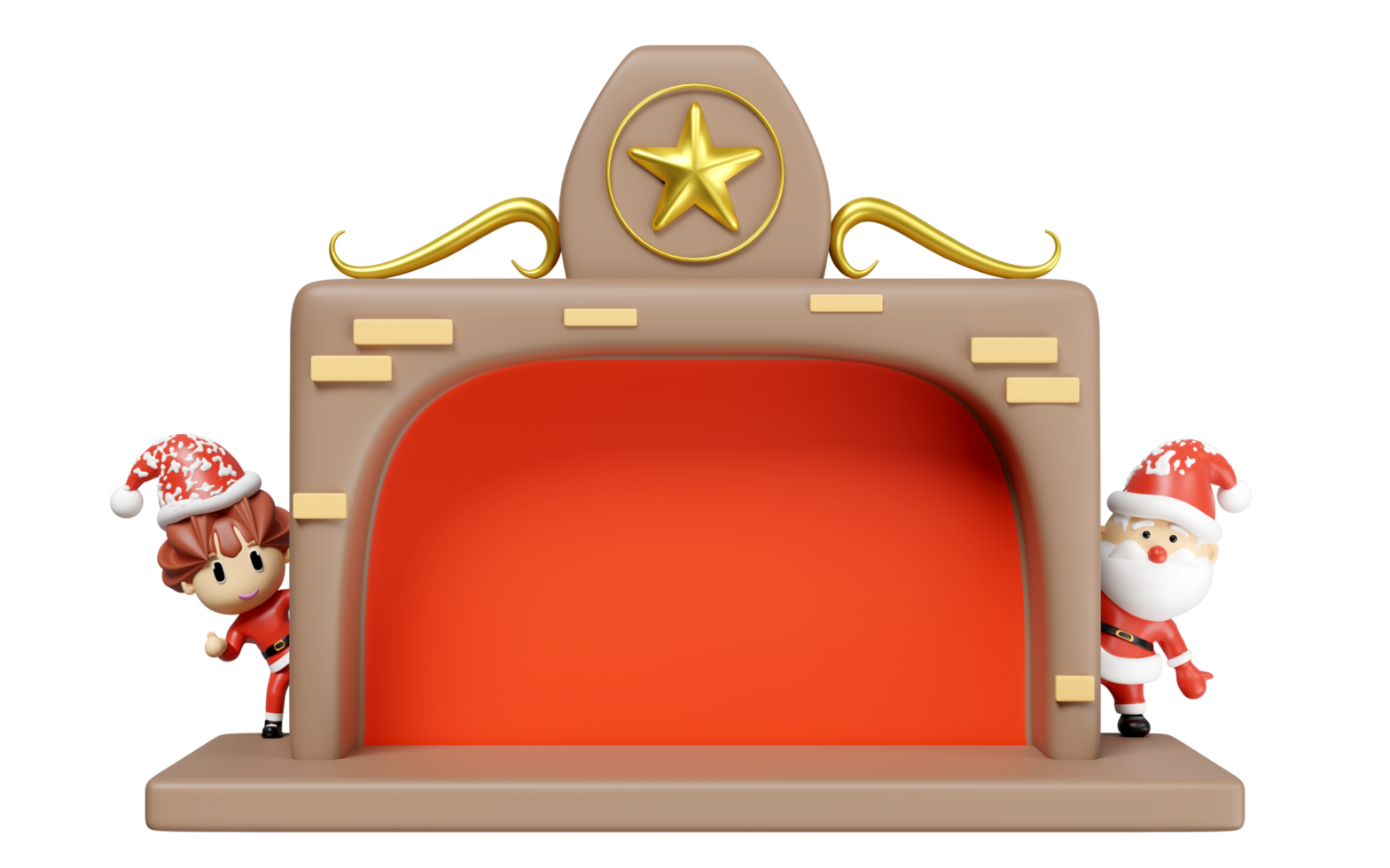 3d santa claus and santa girl standing next to fireplace with copy space isolated. merry christmas and festive new year concept, 3d illustration render png