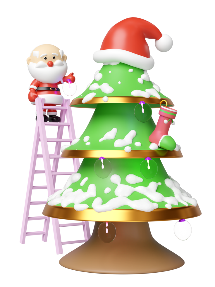 3d santa claus decorating christmas tree with lamp isolated. merry christmas and festive new year concept, 3d illustration render png