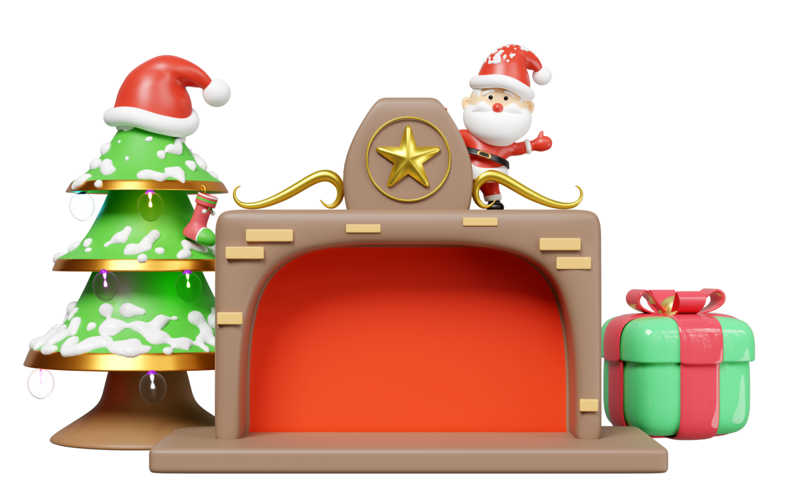 3d santa claus standing on fireplace with copy space, christmas tree, lamp, gift box isolated. merry christmas and festive new year concept, 3d illustration render png