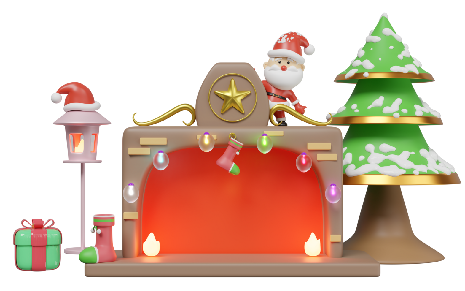 3d santa claus standing on fireplace with copy space, lantern, christmas tree, lamp, gift box, socks isolated. merry christmas and festive new year concept, 3d illustration render png