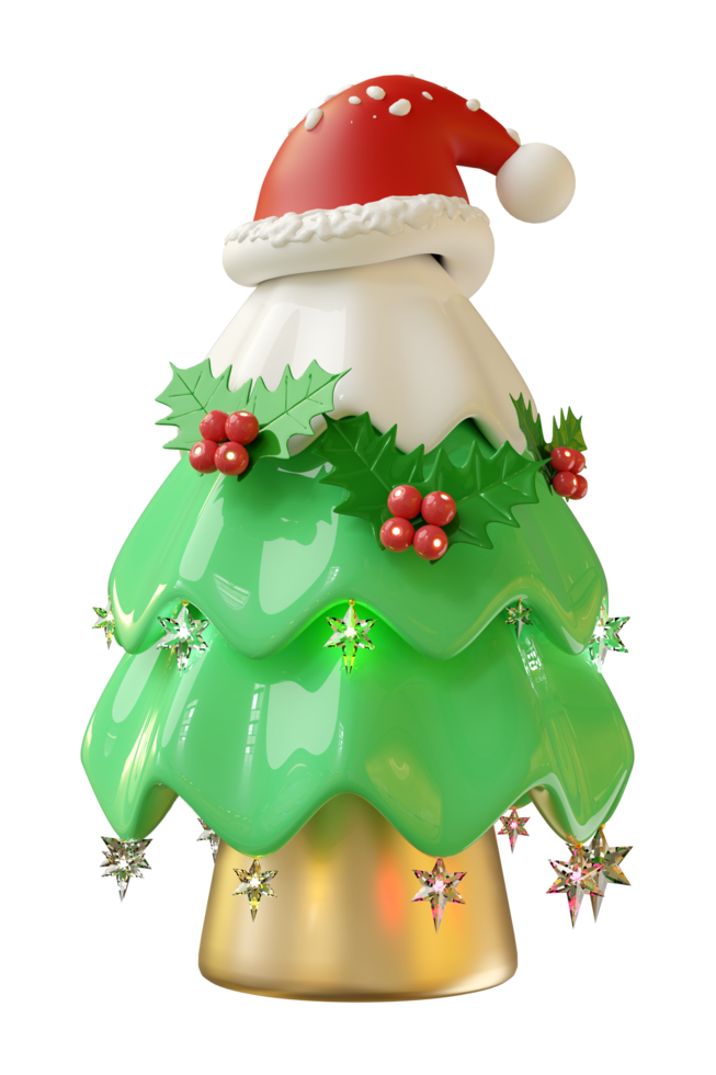 3d santa claus hat on christmas tree with snow, ornaments isolated. merry christmas and festive new year concept, 3d illustration render png