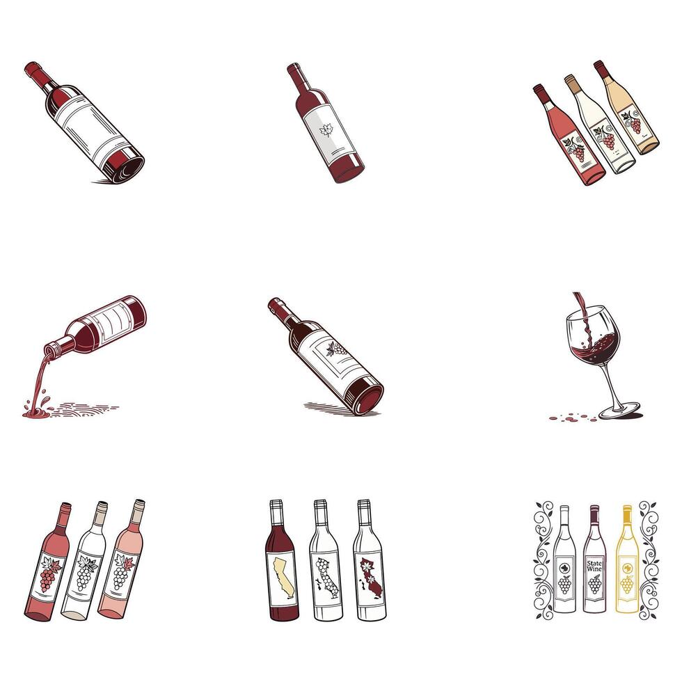 A set of wine bottles and glasses vector