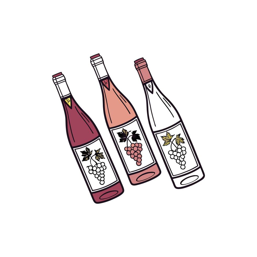 Three bottles of wine with grapes vector