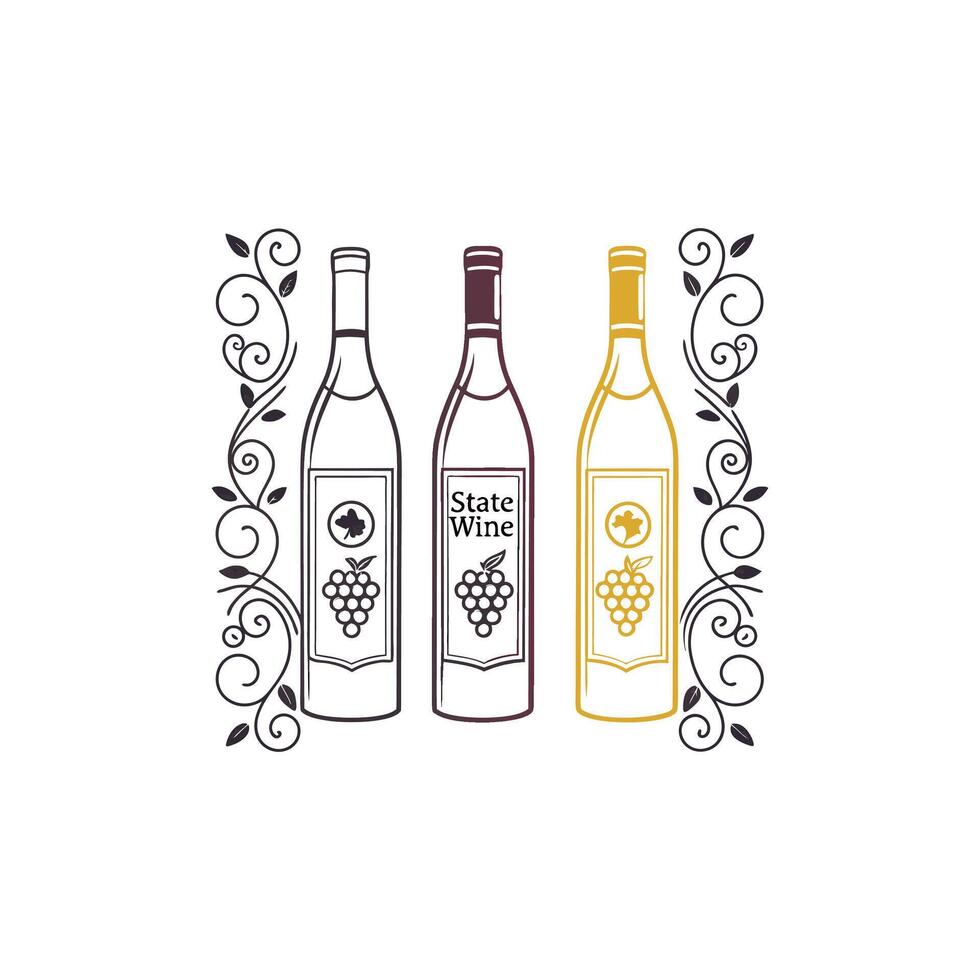 Three bottles of wine with a vine design vector
