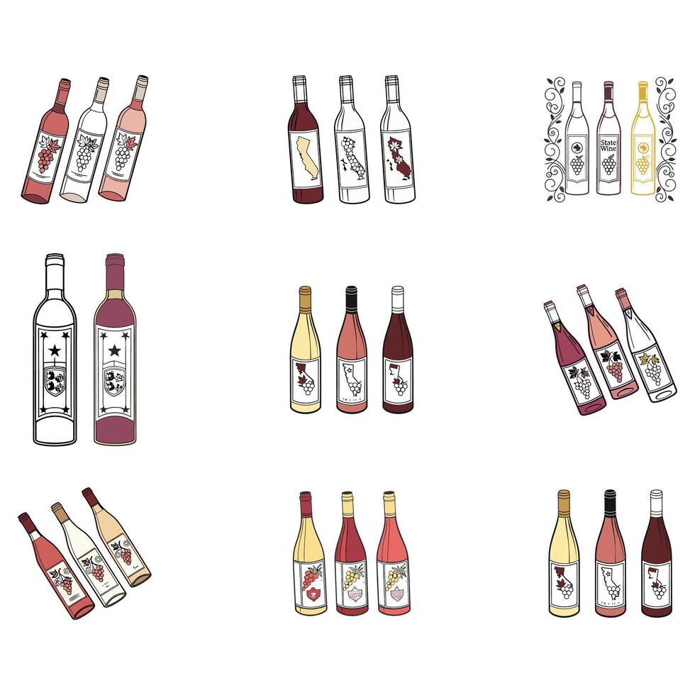Wine bottles and labels set vector
