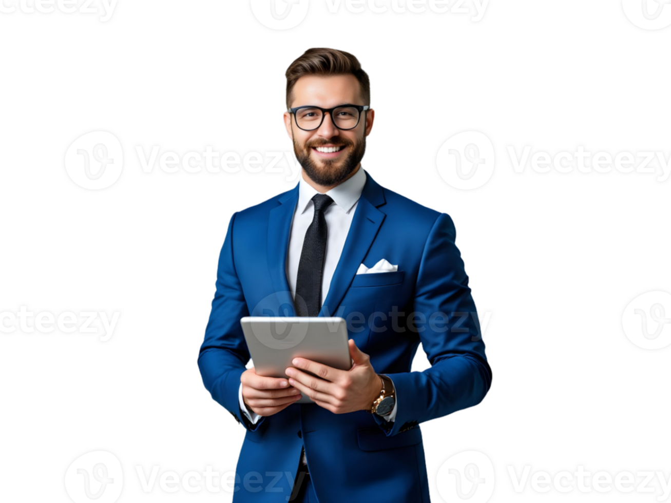 A man in a blue suit and glasses is holding a tablet png