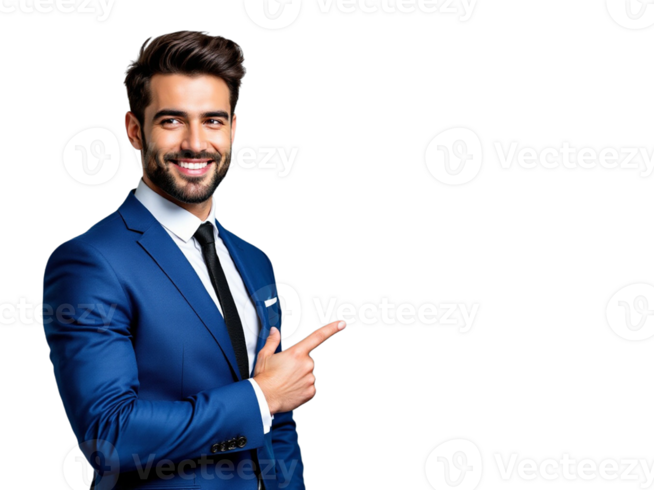 A man in a blue suit pointing at something png