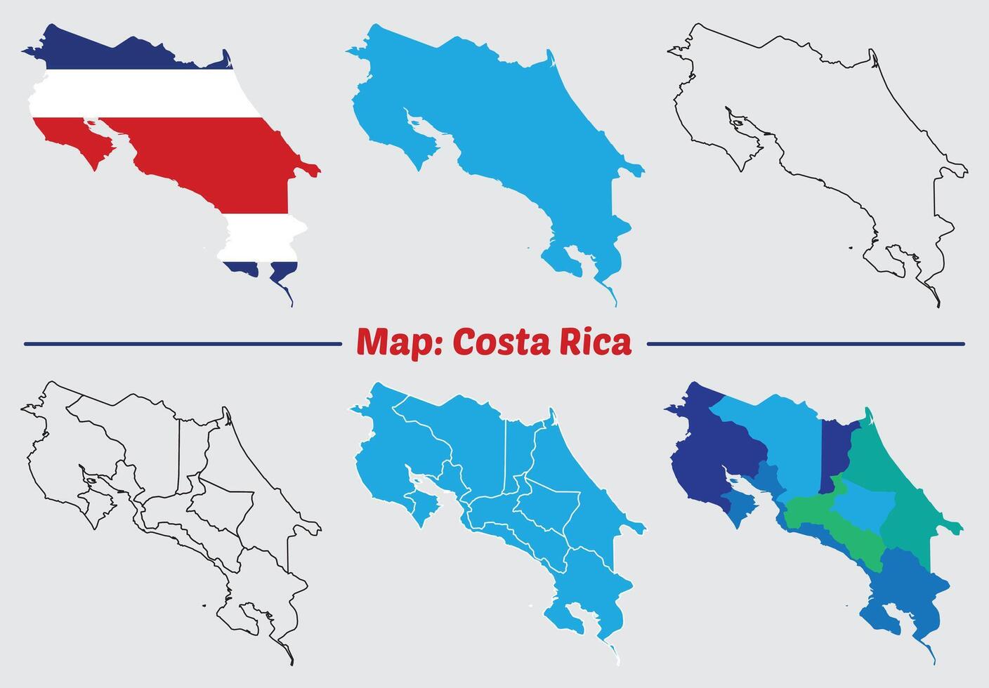 Map of Costa Rica with regions or states. administrative division, region, contour, outline bordar. vector