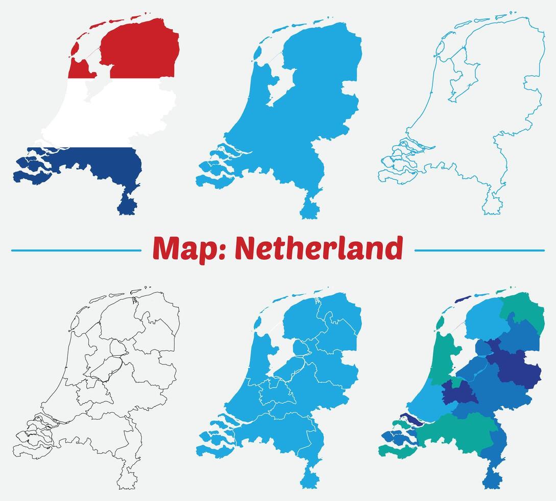 Netherlands map. High detailed outline, blue silhouette and administrative divisions map of Netherlands. All isolated on white background vector