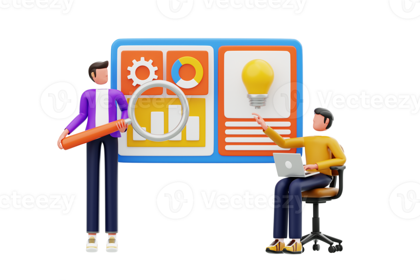 Business team works on graphical data 3d illustration. Research and data analysis concept png