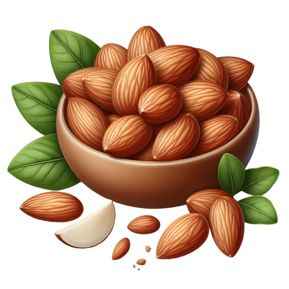 Almonds In Brown Colour With Green Leaves Free png