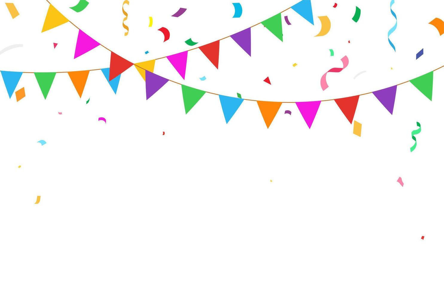 Party Decor with Multicolored Flags and Confetti. Birthday bunting flags with confetti. vector