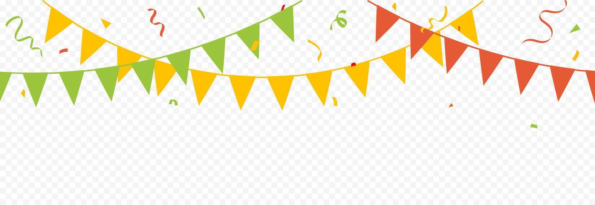 Birthday Party Banner with bunting flags and Confetti, ribbons. Party celebration background. vector