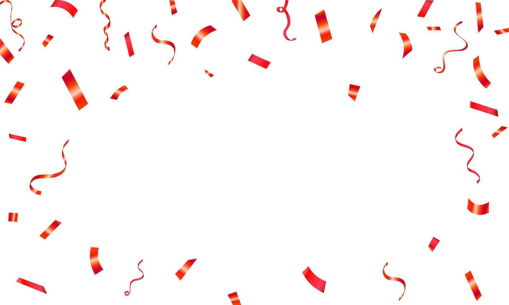 Celebration background template with confetti and red ribbons. Shiny carnival decoration. Bright festive tinsel of red color. vector