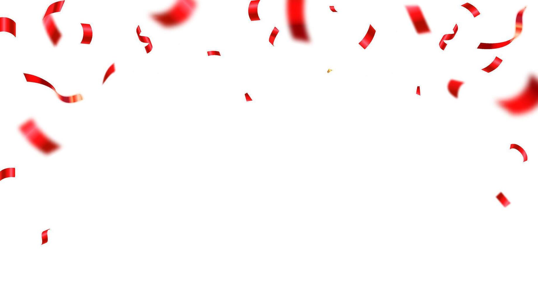 Confetti explosion on white background. Shiny red confetti isolated. Ribbons. Defocused elements. Party, birthday, Holiday banner template. vector