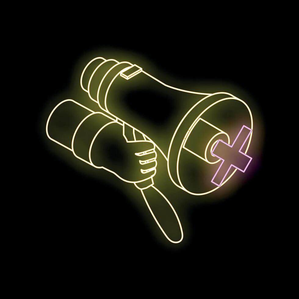 Hand holding megaphone with plus sign isometric neon style vector