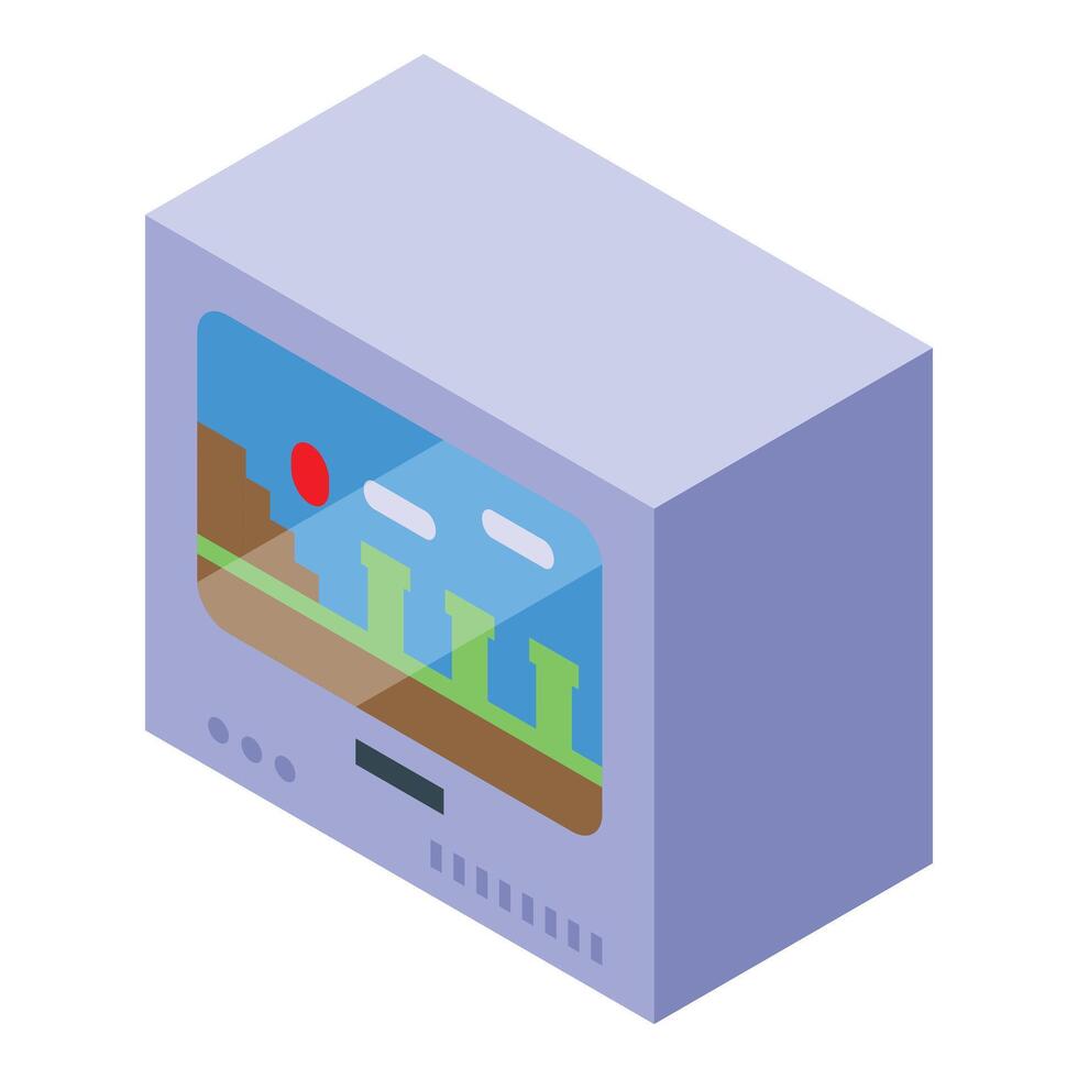 Retro game console displaying platformer game in isometric view vector