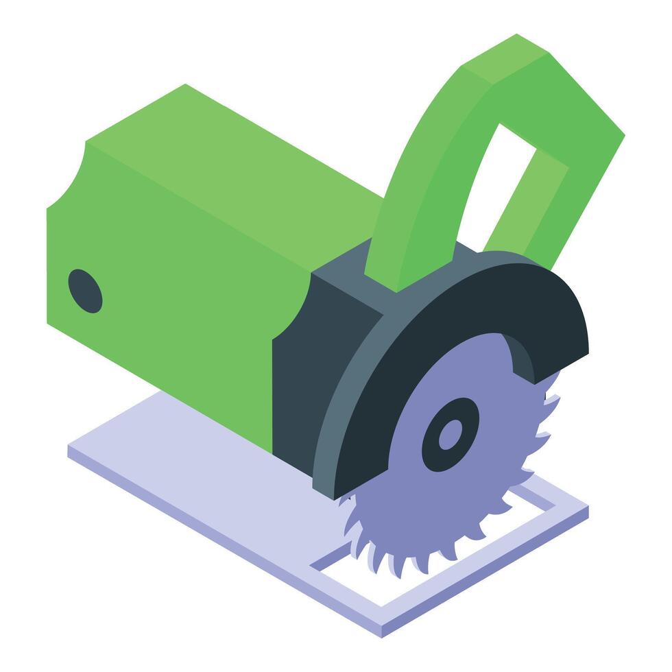 Green circular saw cutting metal sheet in isometric view vector