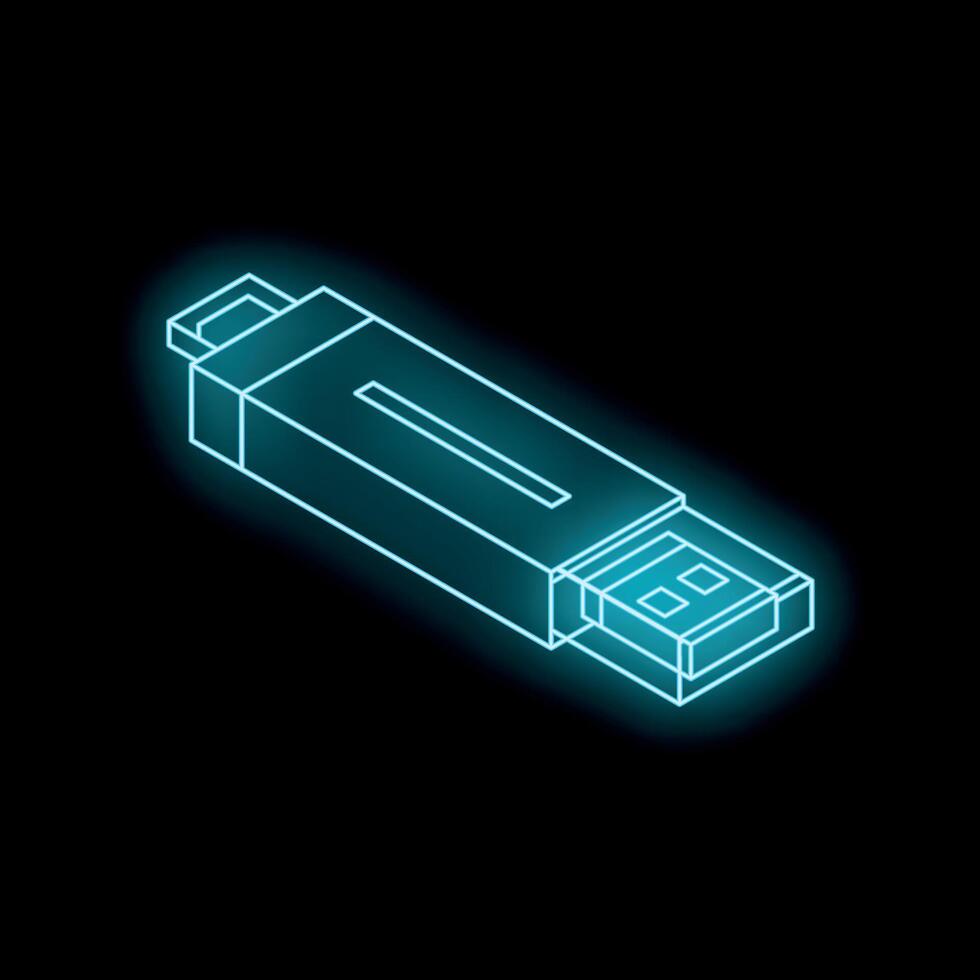 Neon usb flash drive glowing on black background vector
