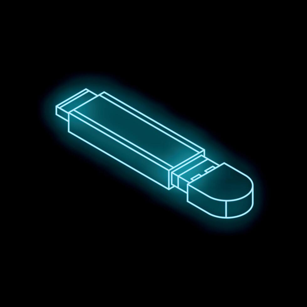 Neon usb flash drive glowing on black background vector