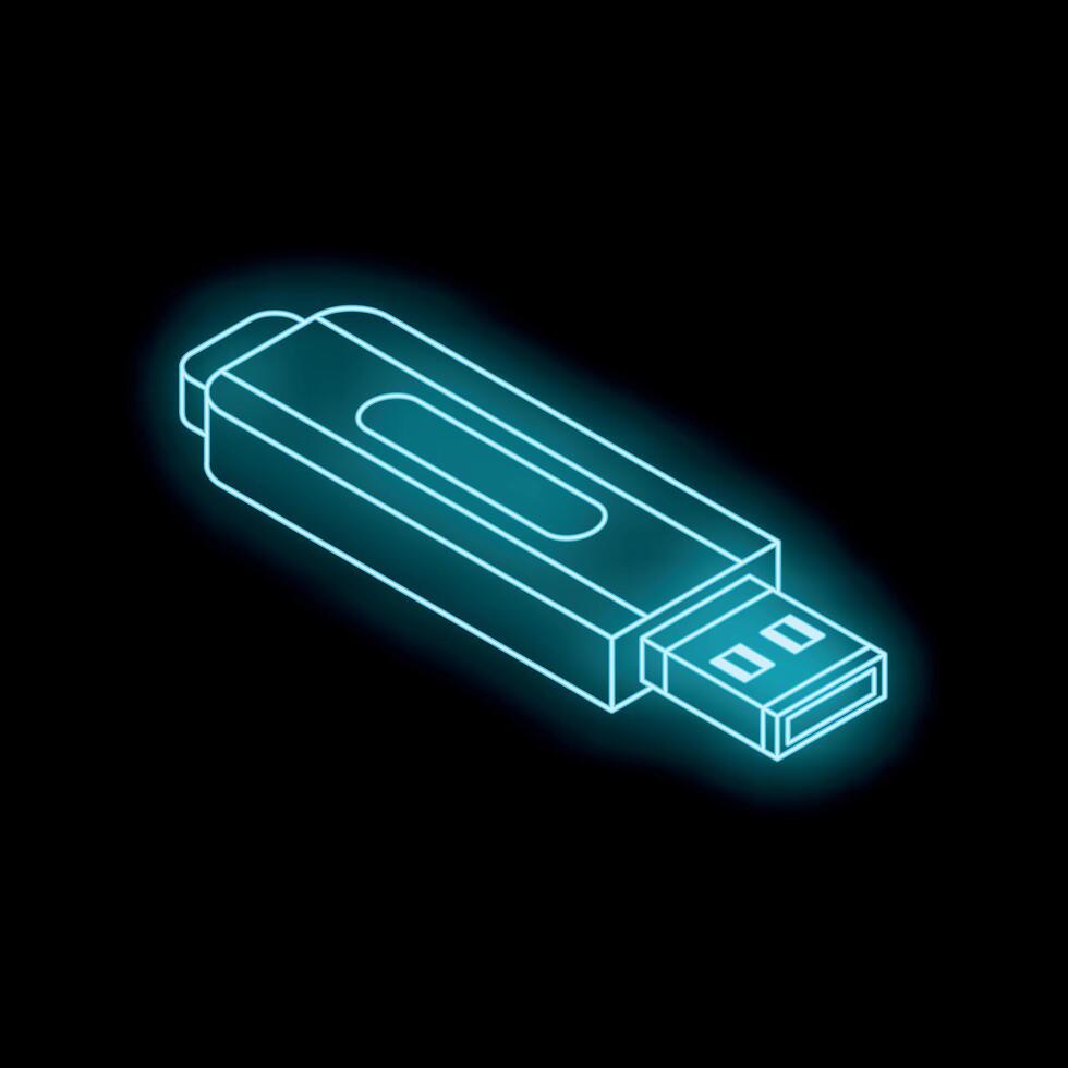 Neon usb flash drive glowing on black background vector