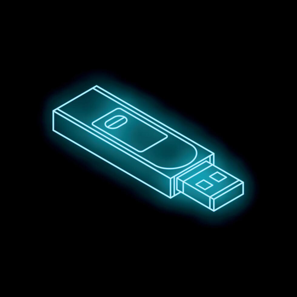 Neon usb flash drive glowing on black background vector