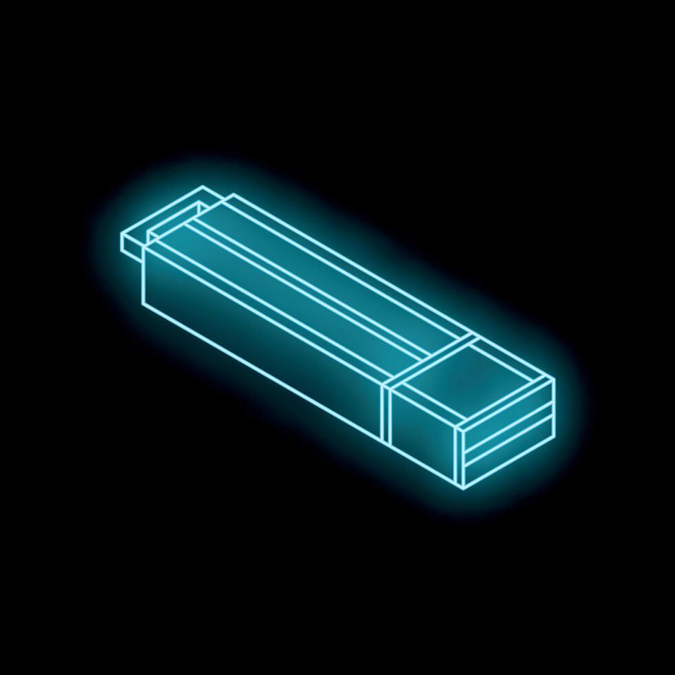 Neon usb flash drive icon glowing against black background vector