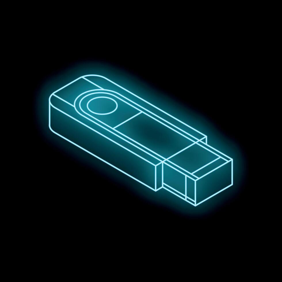 Neon blue usb flash drive glowing on black background vector