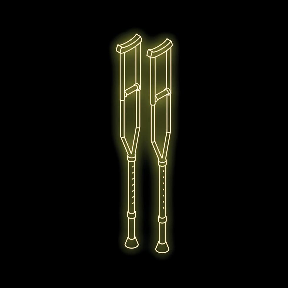 Pair of yellow neon crutches glowing on black background vector