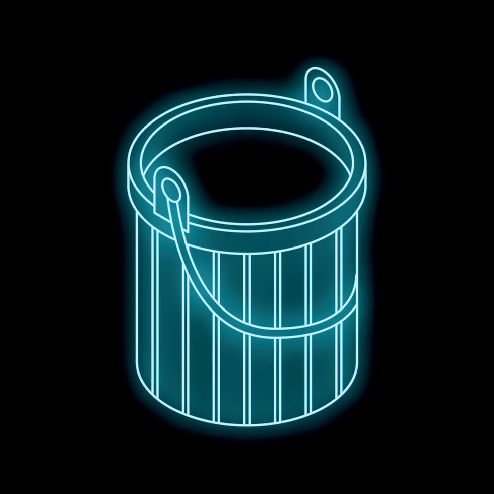 Glowing neon wooden bucket icon on black background vector