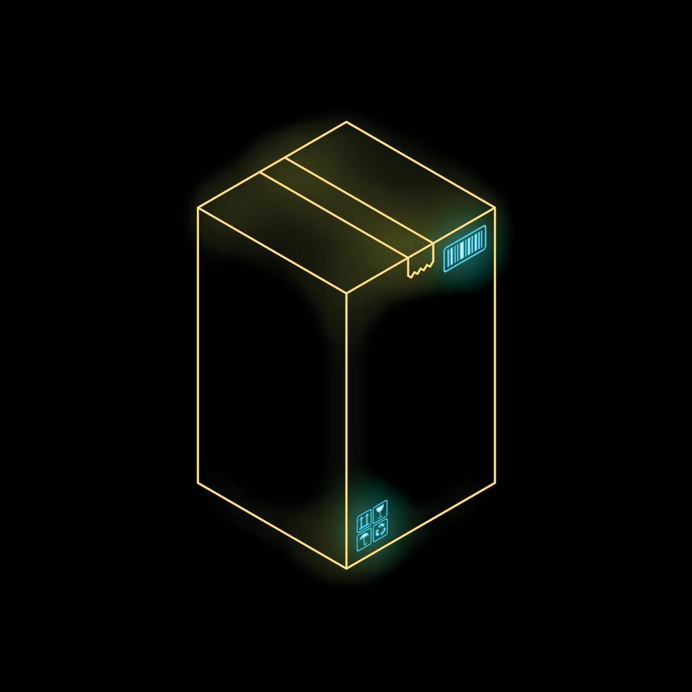 Neon yellow delivery box glowing on black background vector