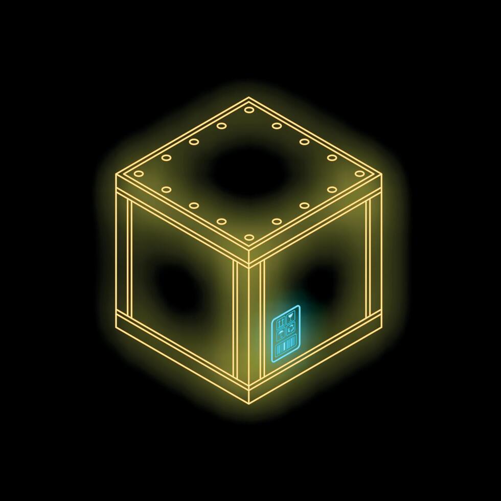 Yellow glowing neon line closed wooden crate icon isolated on black background. Vector illustration
