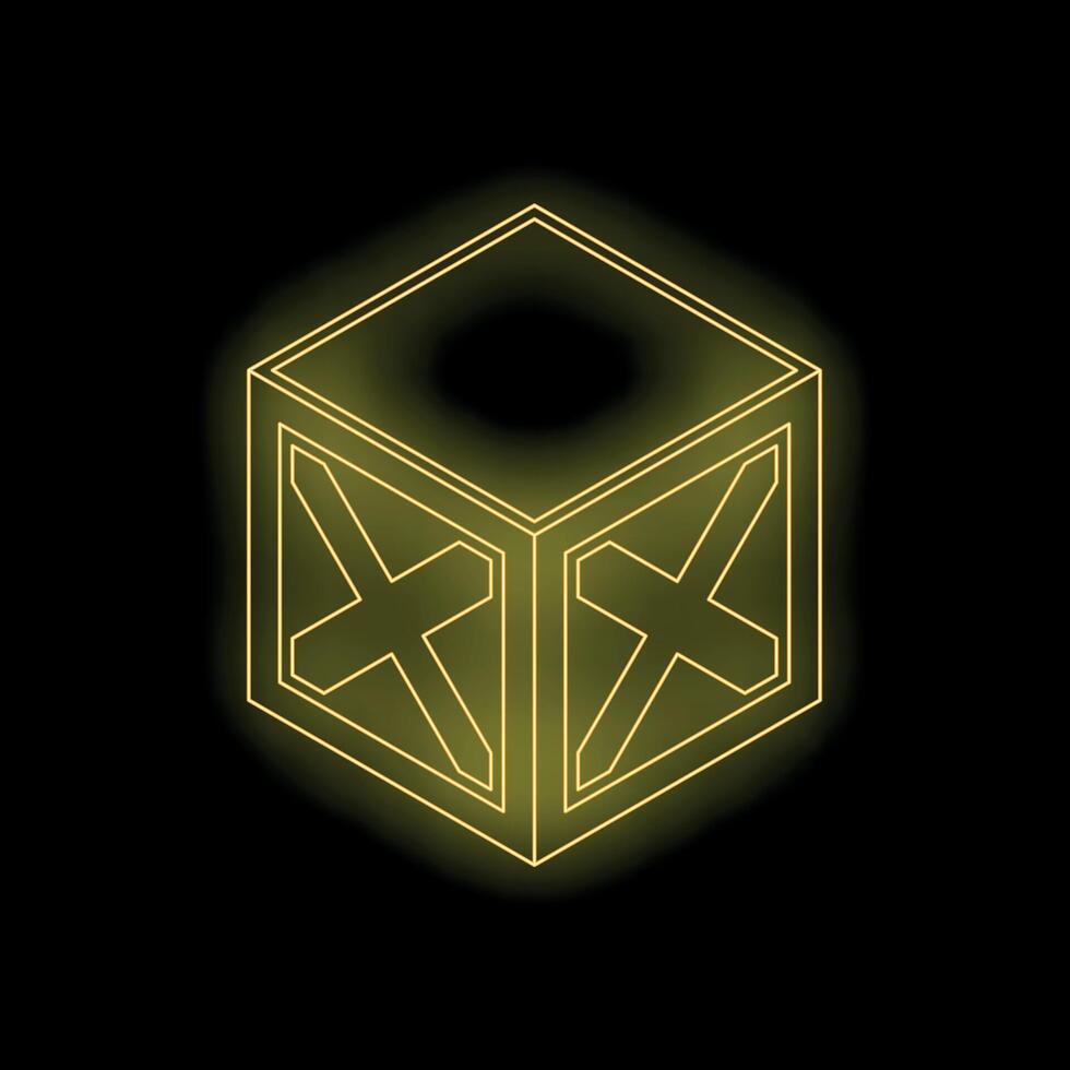 Yellow neon cube glowing on black background vector