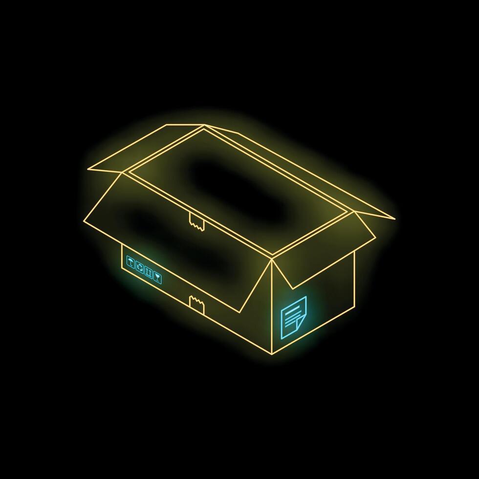 Open cardboard box isometric view neon style icon vector