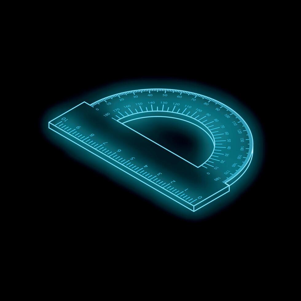 Neon blue protractor measuring angles on black background vector