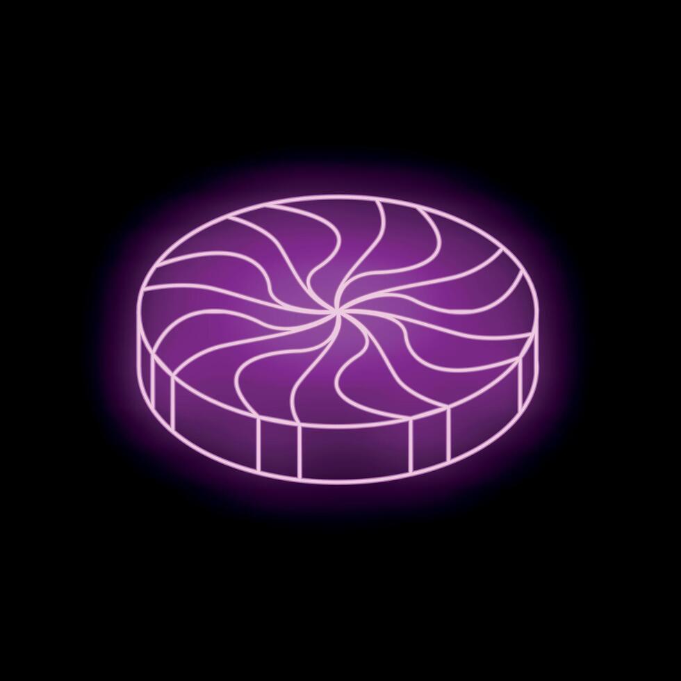 Purple neon sign shaped like a round candy with a swirl pattern on black background vector