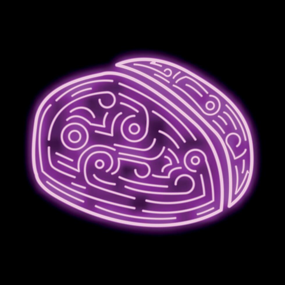 Glowing purple neon sign depicting a fossil stone on black background vector