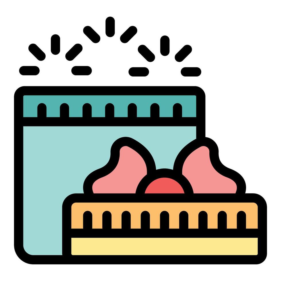 Open gift box with sticking out bow and shining around icon vector outline