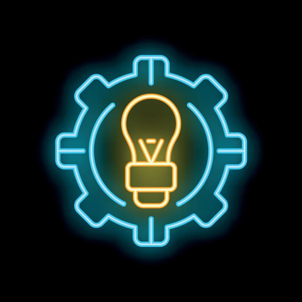 Neon icon of a lightbulb inside a cogwheel representing ideas and innovation vector