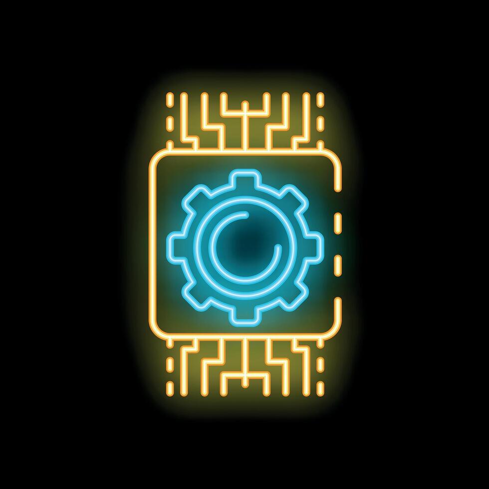 Neon icon of gear and motherboard representing machine learning process vector